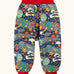 Frugi parsnip pants trousers in a navy with all over explore the stars print and red waist and leg cuffs. 