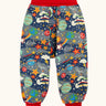 Frugi parsnip pants trousers in a navy with all over explore the stars print and red waist and leg cuffs. 