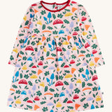 Frugi kids pelican fun-guys amelia dress available at Babipur. A GOTS organic cotton dress in pink with long sleeves and red trim. Features multiple playful woodland inspired prints. 