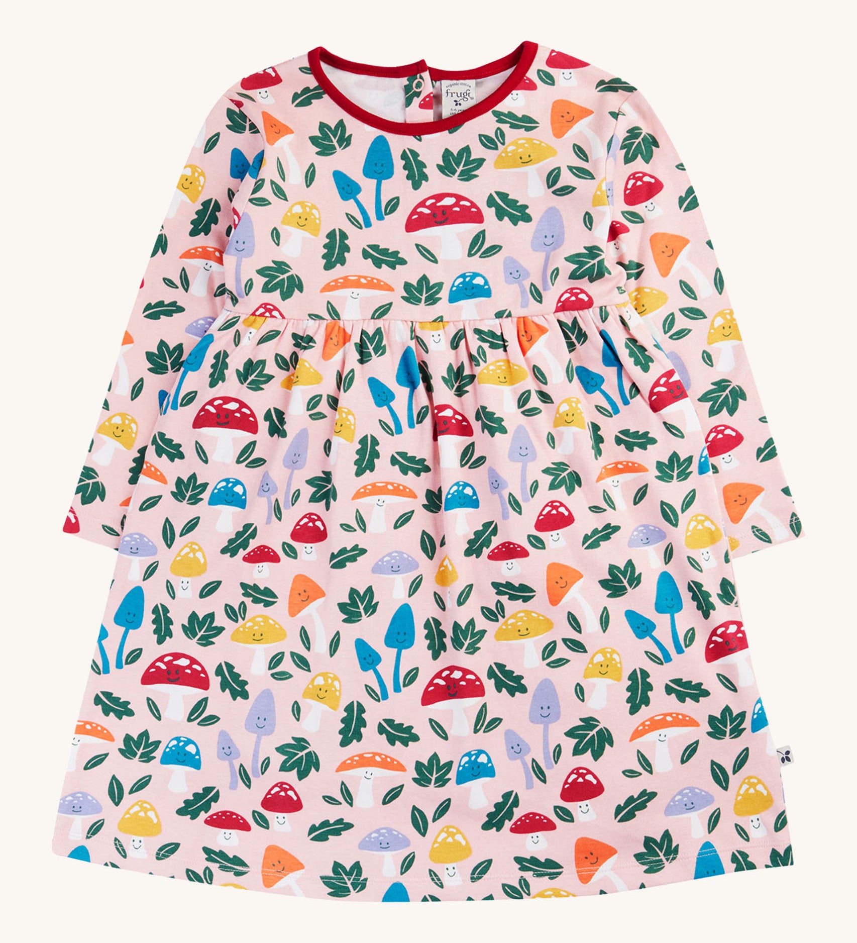 Frugi kids pelican fun-guys amelia dress available at Babipur. A GOTS organic cotton dress in pink with long sleeves and red trim. Features multiple playful woodland inspired prints. 