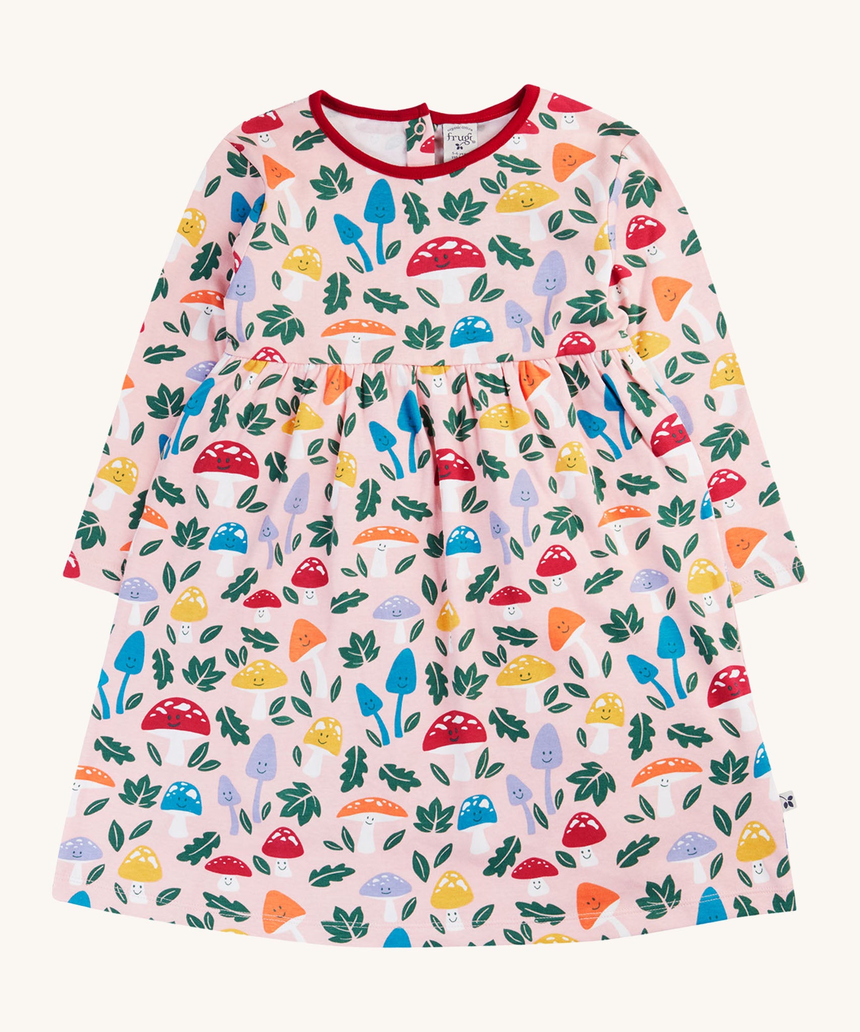 Frugi kids pelican fun-guys amelia dress available at Babipur. A GOTS organic cotton dress in pink with long sleeves and red trim. Features multiple playful woodland inspired prints. 