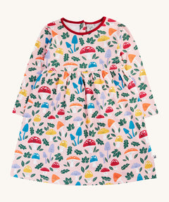Frugi kids pelican fun-guys amelia dress available at Babipur. A GOTS organic cotton dress in pink with long sleeves and red trim. Features multiple playful woodland inspired prints. 