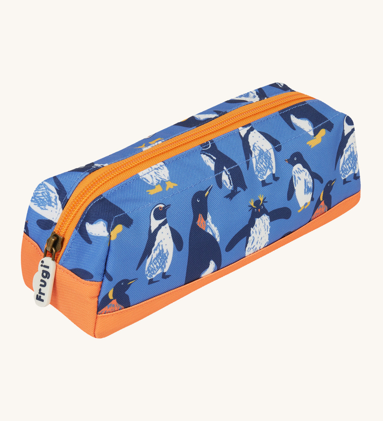 Frugi penguin waddle pencil case. A kids back to school blue pencil case with multiple prints of penguins and orange trim