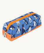 Frugi penguin waddle pencil case. A kids back to school blue pencil case with multiple prints of penguins and orange trim
