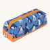 Frugi penguin waddle pencil case. A kids back to school blue pencil case with multiple prints of penguins and orange trim