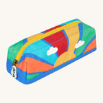 Frugi rainbow sun pencil case. A kids back to school pencil case with a rising sun design and rainbow colour block. Features a yellow zip trim. 