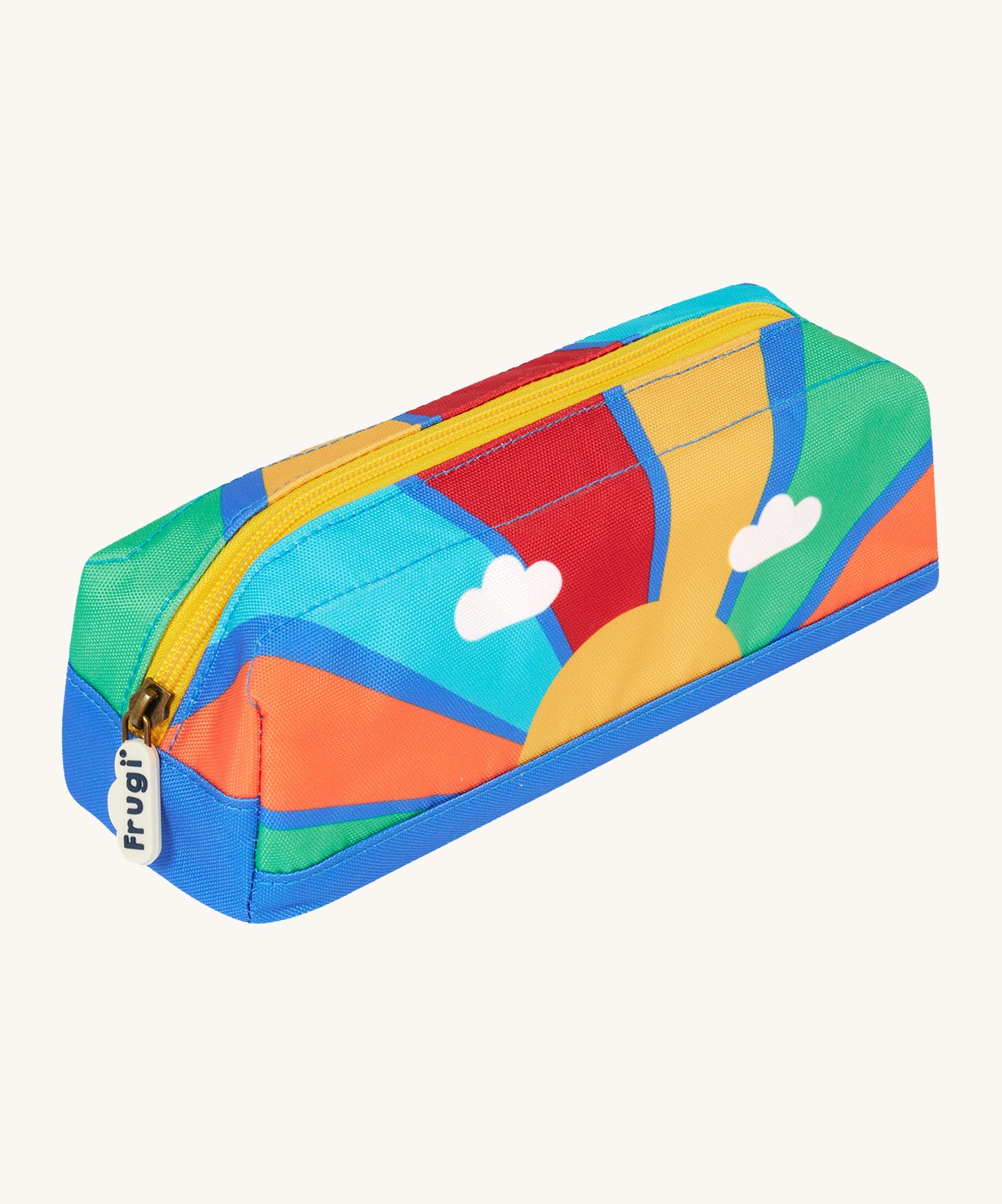 Frugi rainbow sun pencil case. A kids back to school pencil case with a rising sun design and rainbow colour block. Features a yellow zip trim. 