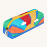 Frugi rainbow sun pencil case. A kids back to school pencil case with a rising sun design and rainbow colour block. Features a yellow zip trim. 