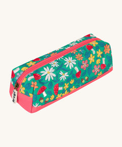 Frugi wild woods pencil case. A kids back to school green pencil case with a woodland inspired design and pink trim