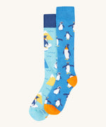 Frugi penguin brilliant boot sock 2 pack - GOTS organic cotton high socks in light and dark blue with different penguins. Features a light elasticated cuff for a snug fit