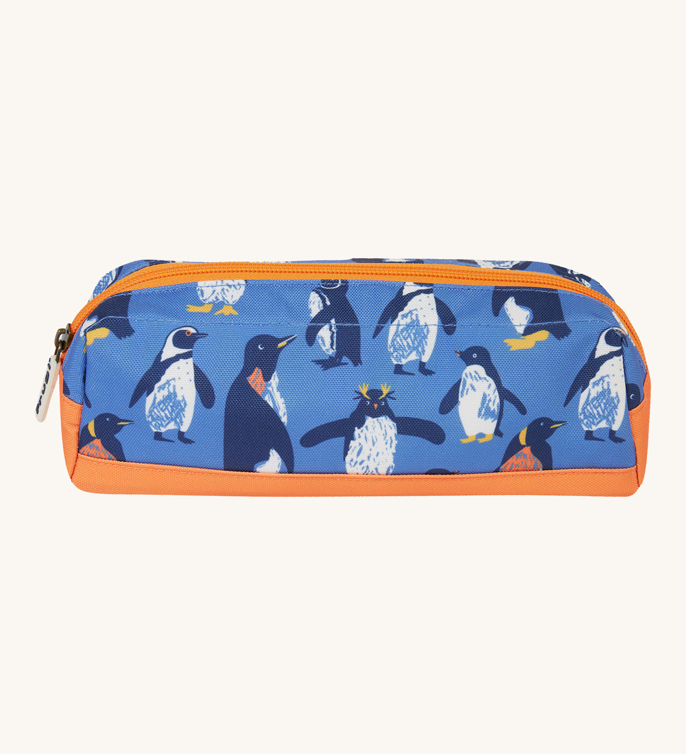 Frugi penguin waddle pencil case. A kids back to school blue pencil case with multiple prints of penguins and orange trim. Features a zip fastener