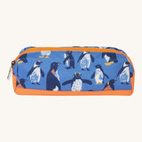 Frugi penguin waddle pencil case. A kids back to school blue pencil case with multiple prints of penguins and orange trim. Features a zip fastener