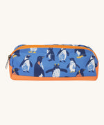 Frugi penguin waddle pencil case. A kids back to school blue pencil case with multiple prints of penguins and orange trim. Features a zip fastener