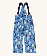 The back of the Frugi kids snow and ski salopettes in penguin waddle. showing the elasticated waist band detail on blue recycled polyester fabric