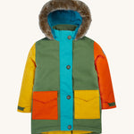 Frugi kids penhale Khaki parka- A long length thick coat with a blue fleece inner and furry hood for warmth. Features  full length button decoration and 2 side pockets in dark orange and yellow colour. 