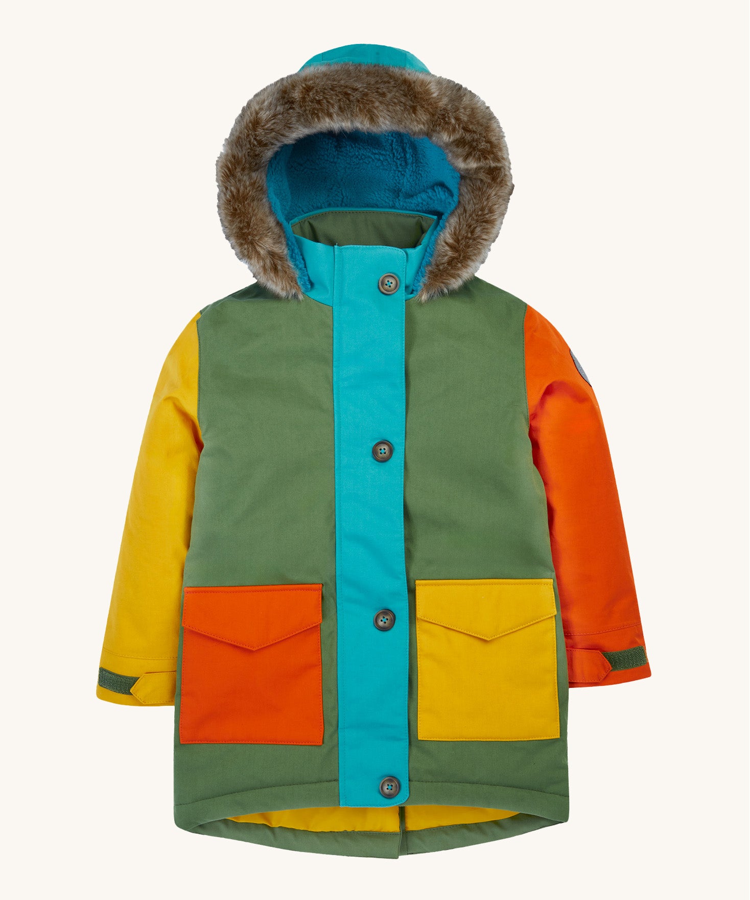 Frugi kids penhale Khaki parka- A long length thick coat with a blue fleece inner and furry hood for warmth. Features  full length button decoration and 2 side pockets in dark orange and yellow colour. 