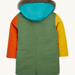 The back of the Frugi penhale khaki colour block parka. A thick warm hooded coat with a blue hood and dark yellow and orange arm panels. 