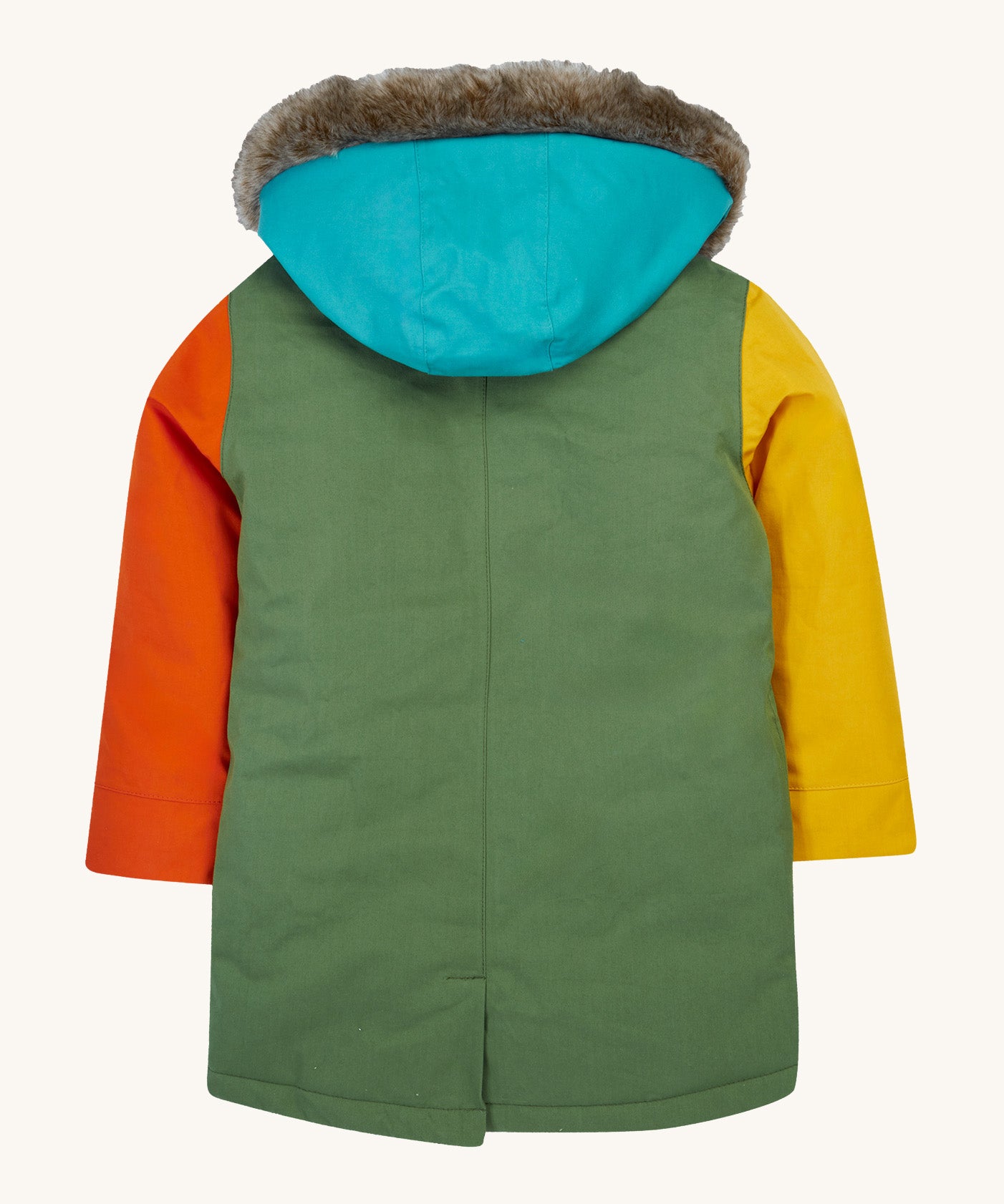 The back of the Frugi penhale khaki colour block parka. A thick warm hooded coat with a blue hood and dark yellow and orange arm panels. 