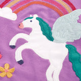 Close up of the white pegasus applique with rainbow and flowers details on the Frugi organic cotton periwinkle purple caris pegasus child's top. 