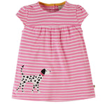 Frugi pink breton stripe dog Little Layla Dress on a plain  white background