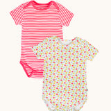 Frugi Pointelle short sleeved baby vest 2 Pack, one with a Ditsy Floral all over print the other has a pink and white stripe design.
