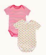 Frugi Pointelle short sleeved baby vest 2 Pack, one with a Ditsy Floral all over print the other has a pink and white stripe design.