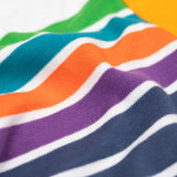 A super close up shot of the material of the The Frugi Piran pocket navy striped organic cotton child's long sleeved top. The material appears nice and smooth.