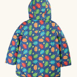 Back of Frugi children's playtime waterproof coat with a multi-coloured acorn tumble print on a navy background.