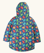 Back of Frugi children's playtime waterproof coat with a multi-coloured acorn tumble print on a navy background.