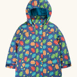 Frugi children's playtime waterproof coat with a multi-coloured acorn tumble print on a navy background.
