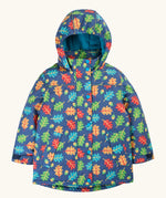 Frugi children's playtime waterproof coat with a multi-coloured acorn tumble print on a navy background.