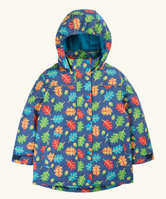 Frugi children's playtime waterproof coat with a multi-coloured acorn tumble print on a navy background.