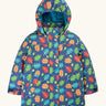Frugi children's playtime waterproof coat with a multi-coloured acorn tumble print on a navy background.