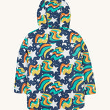 Frugi kids playtime coat in magic stars. A long length hooded navy coat with a playful outer space inspired design 
