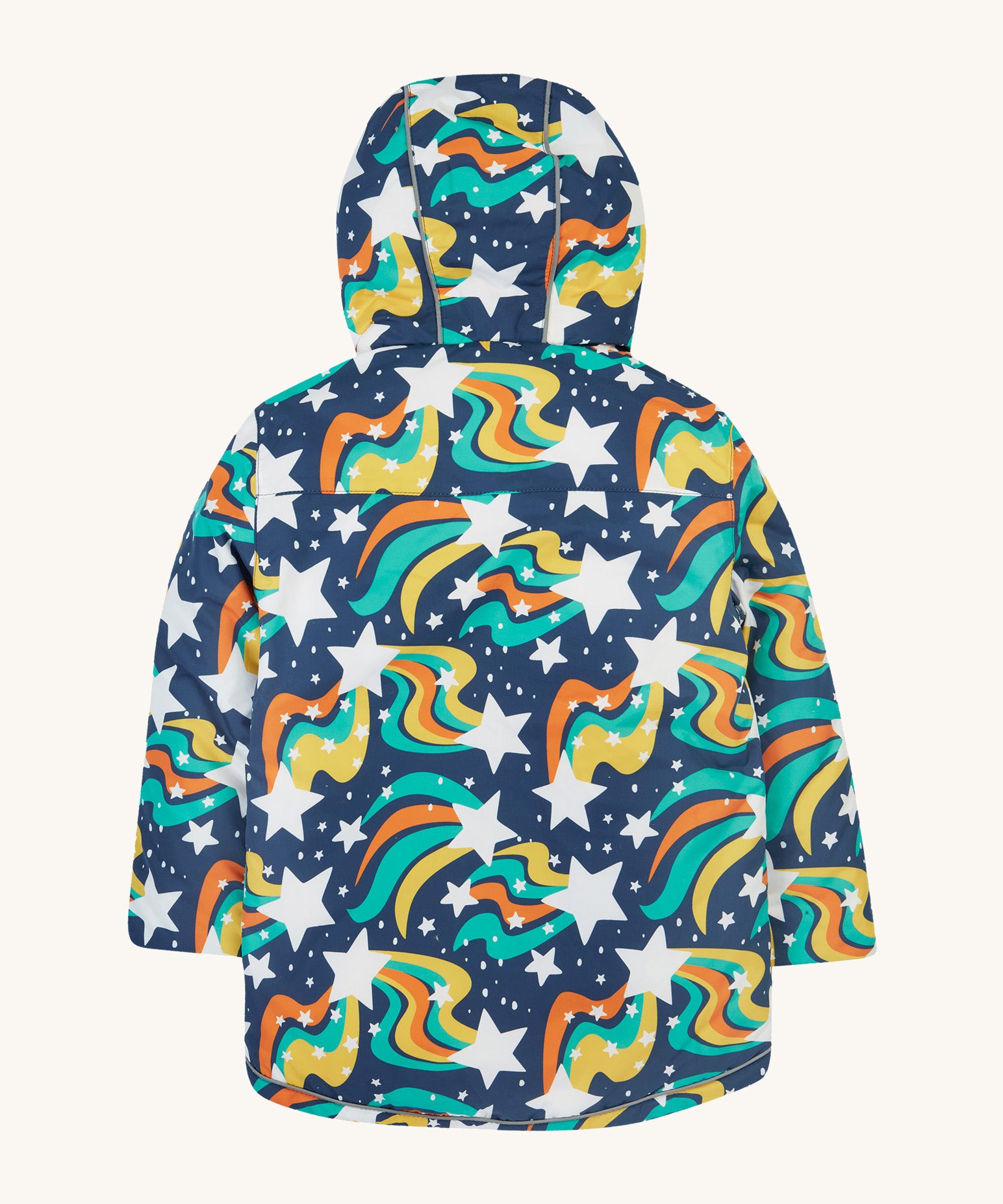 Frugi kids playtime coat in magic stars. A long length hooded navy coat with a playful outer space inspired design 