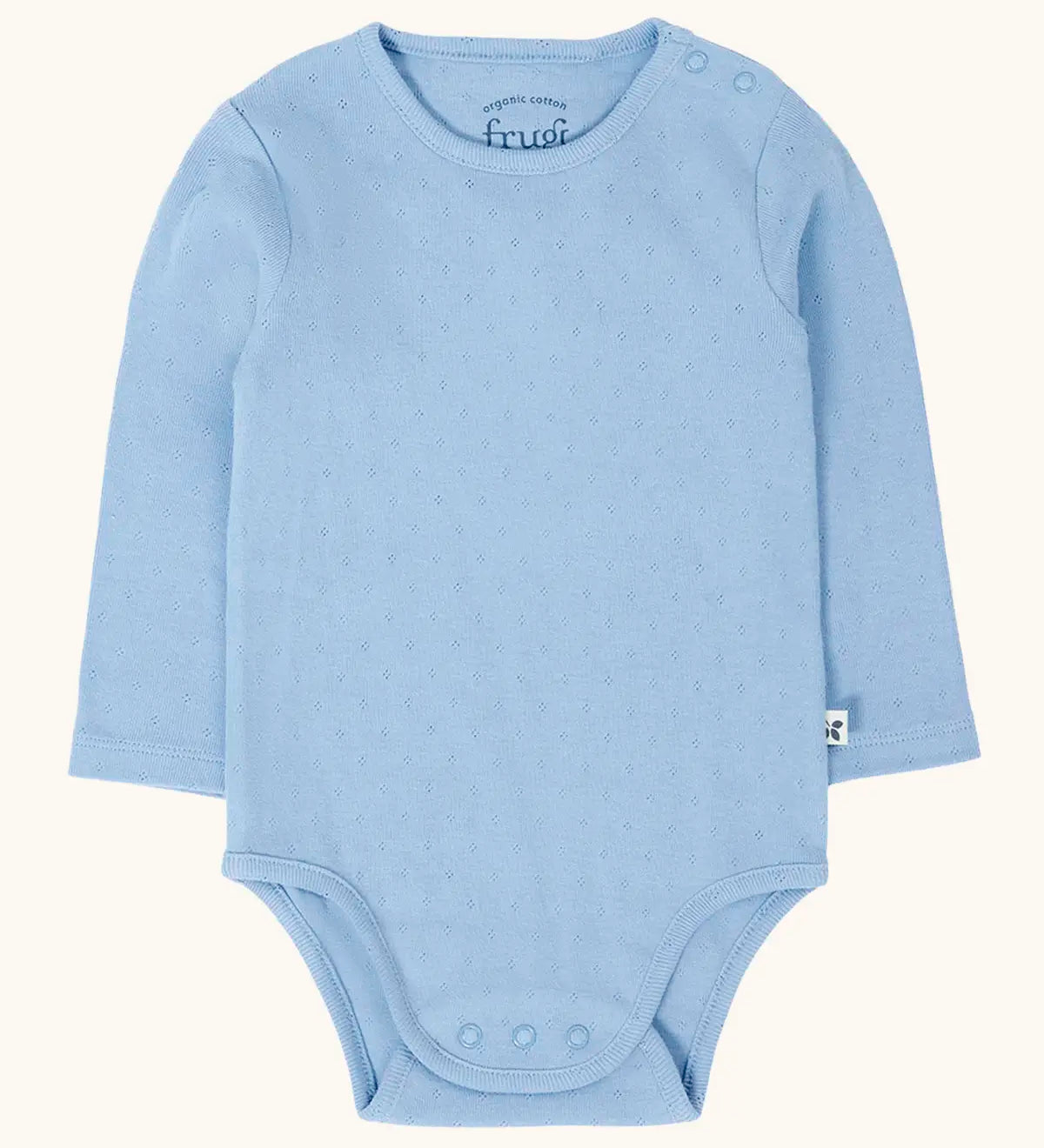 Frugi pointelle long sleeved baby body in winter sky blue. 