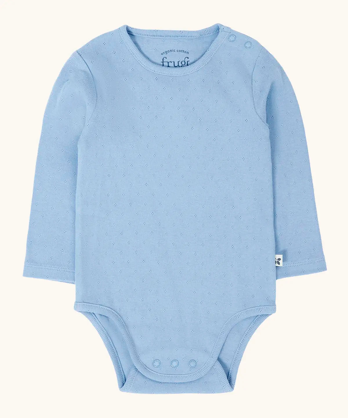 Frugi pointelle long sleeved baby body in winter sky blue. 