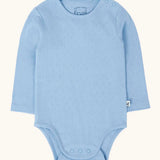 Frugi pointelle long sleeved baby body in winter sky blue. 