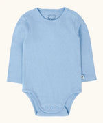 Frugi pointelle long sleeved baby body in winter sky blue. 