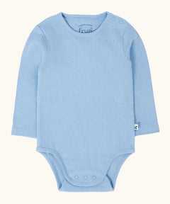 Frugi pointelle long sleeved baby body in winter sky blue. 