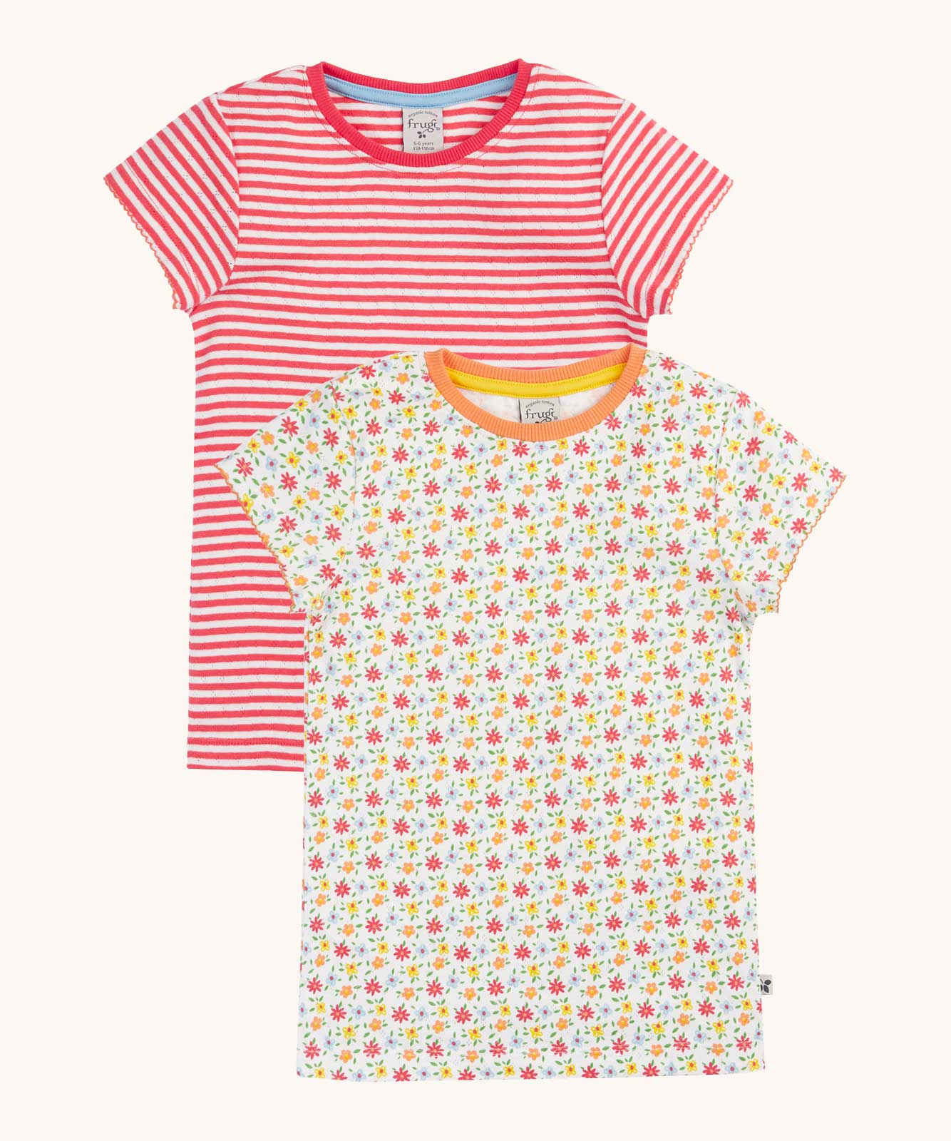 Frugi Pointelle T-Shirts 2 Pack,  one with a Ditsy Floral all over print the other had a pink and white stripe design.