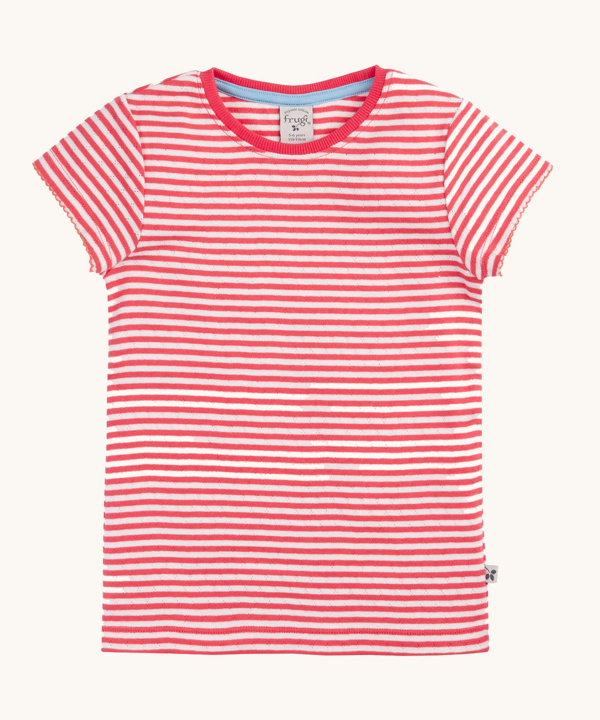 The pink and white striped short sleeved t-shirt from the Frugi Pointelle T-Shirts 2 Pack.