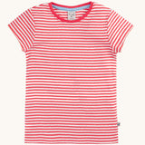 The pink and white striped short sleeved t-shirt from the Frugi Pointelle T-Shirts 2 Pack.