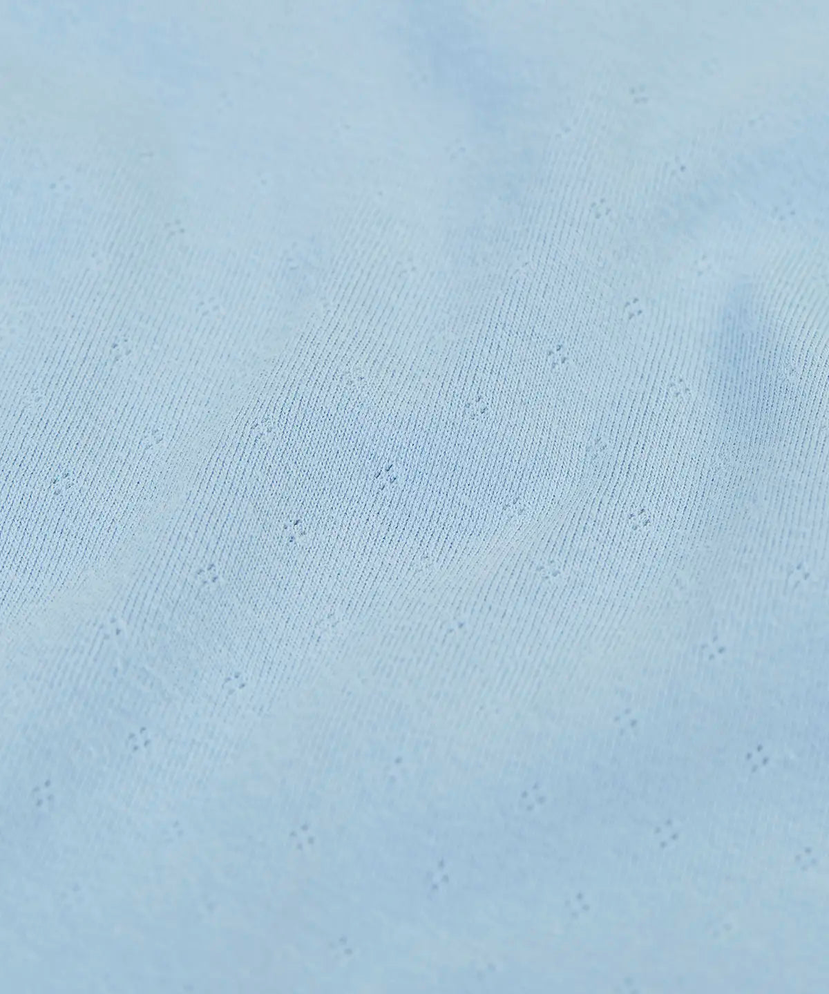 Frugi long sleeve top in sky blue organic cotton showing close up of the pointelle texture