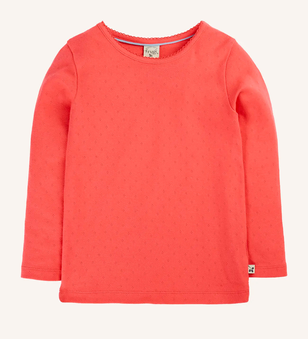 Frugi pointelle long sleeve top in rhubarb pink organic cotton.