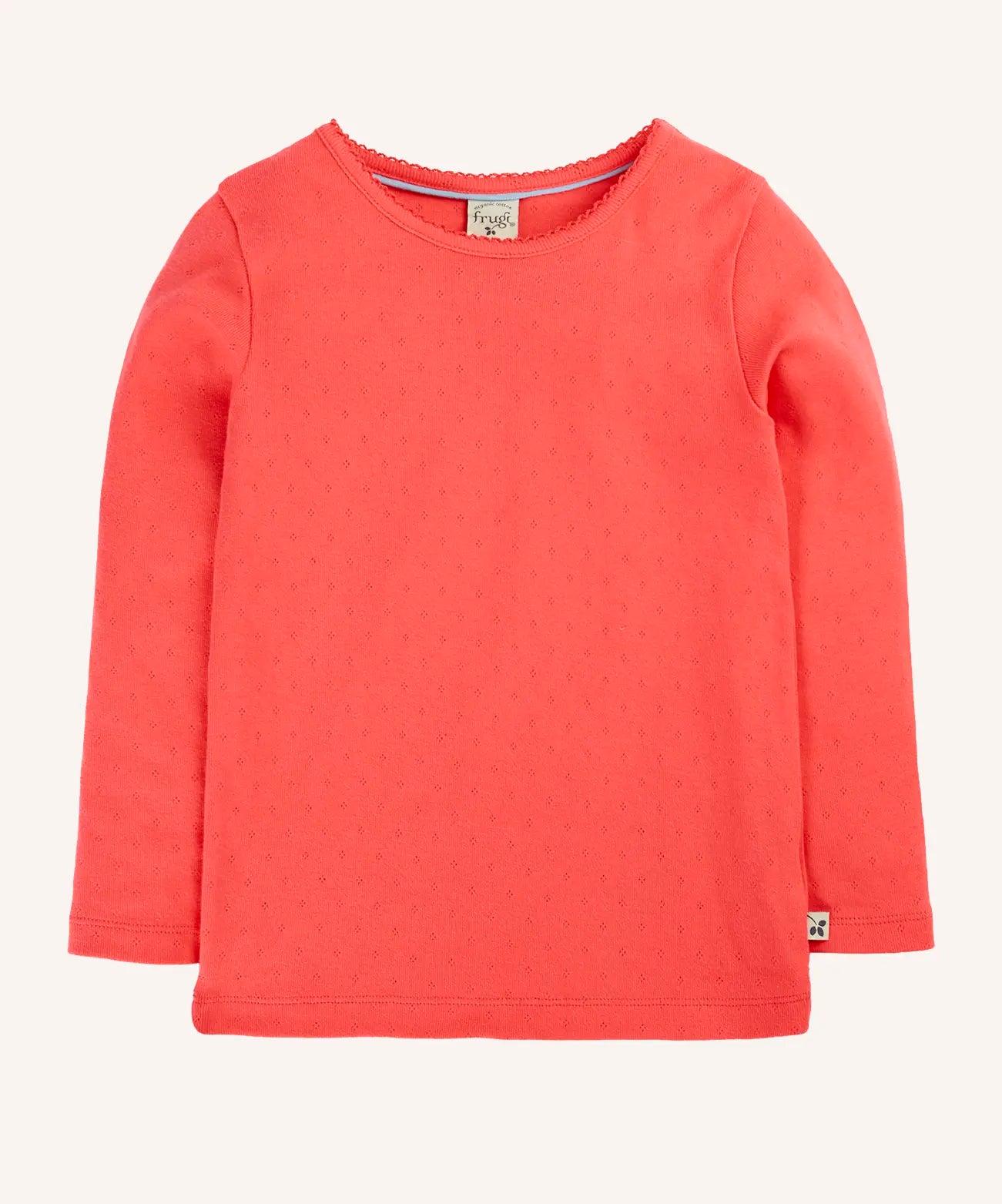 Frugi pointelle long sleeve top in rhubarb pink organic cotton.