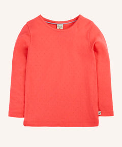 Frugi pointelle long sleeve top in rhubarb pink organic cotton.