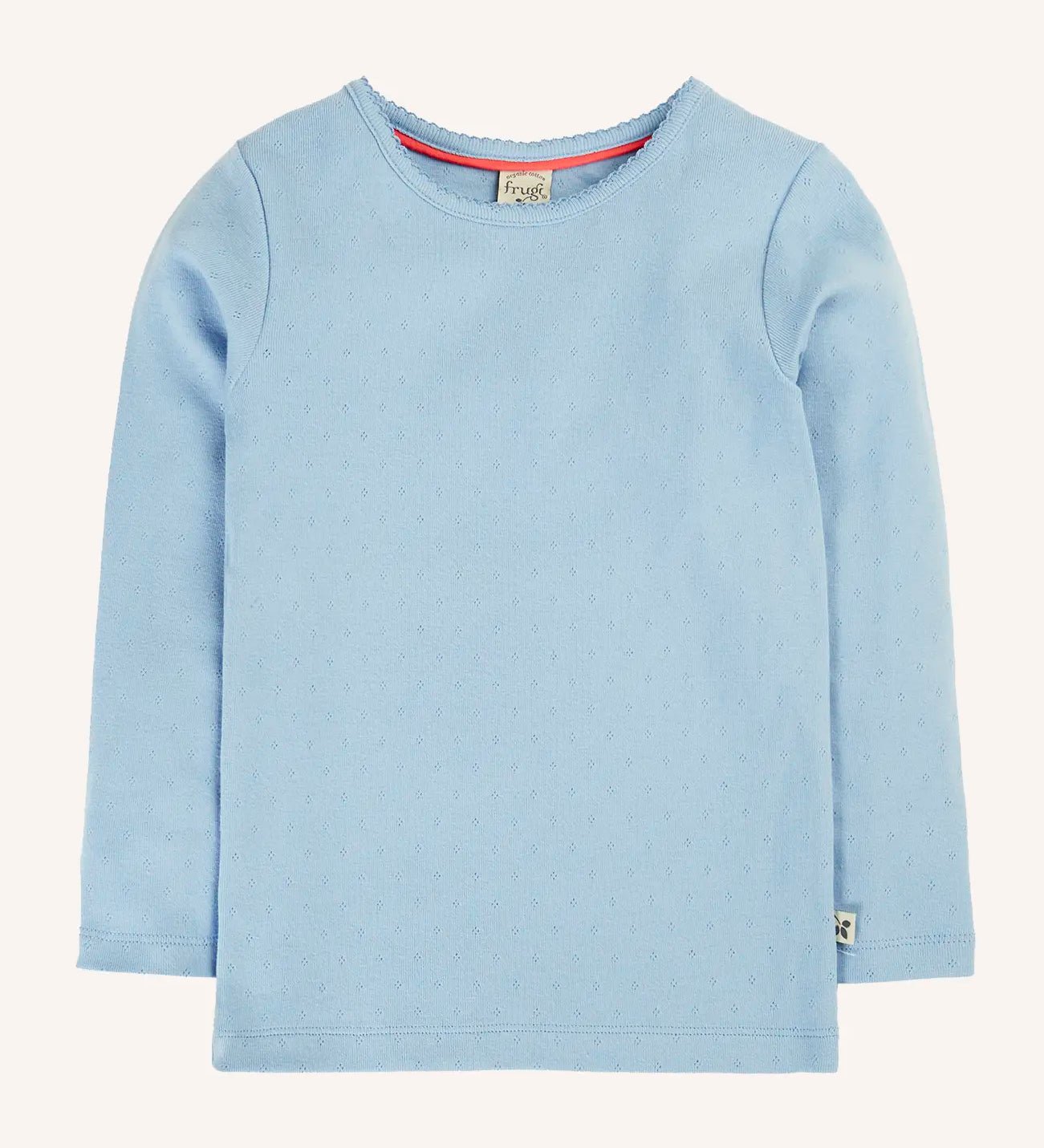 Frugi pointelle long sleeve top in winter sky blue organic cotton.