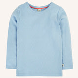 Frugi pointelle long sleeve top in winter sky blue organic cotton.