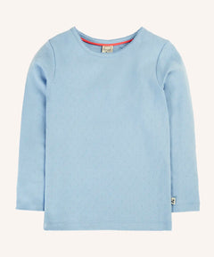 Frugi pointelle long sleeve top in winter sky blue organic cotton.